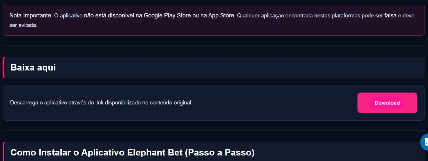 Nota importante da Elephant Bet: o aplicativo não está na Google Play Store nem na App Store e as aplicações encontradas podem ser falsas