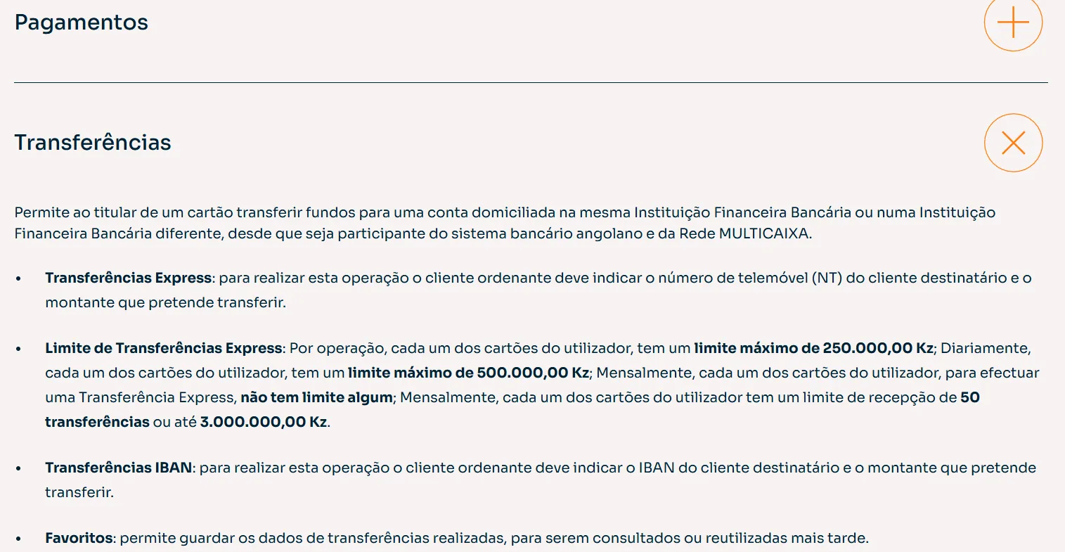 Página do Multicaixa Express com os limites das Transferências Express por operação, por dia e por mês