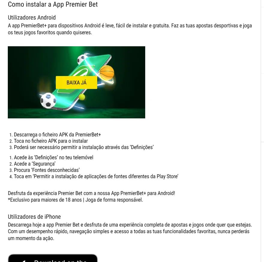 Página Como instalar a App Premier Bet, com os passos para Android e a secção iPhone