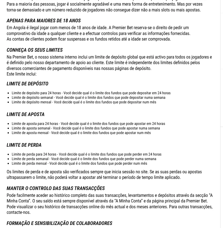 Página de jogo responsável da Premier Bet com a idade mínima e os limites de depósito, aposta e perda